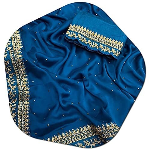 Japan Satin Silk Plain lace work Saree with heavy embroidered Work Blouse
