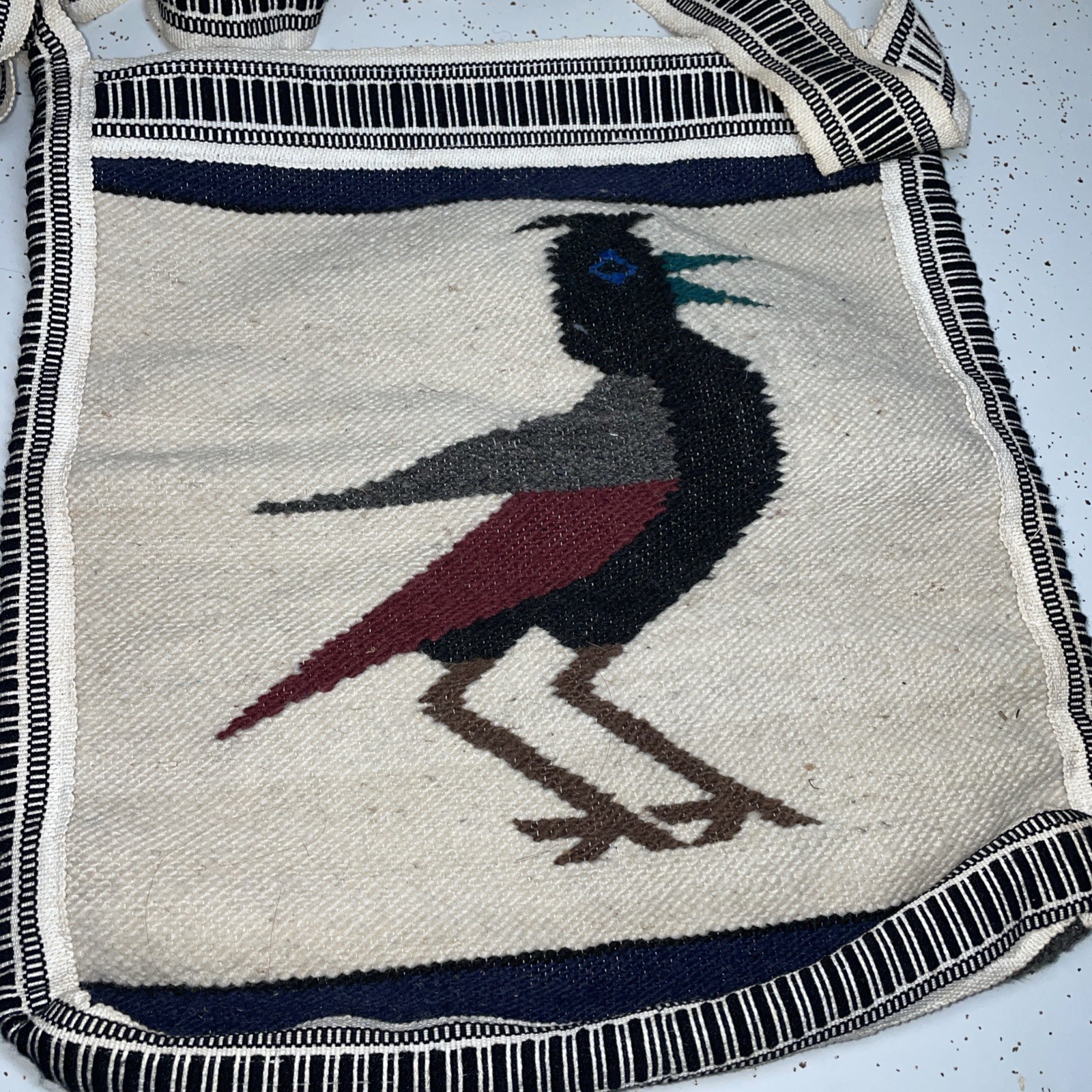 Tribal Threads With Bird crossbody Wool Zippered Purse Hand Woven Roadrunner