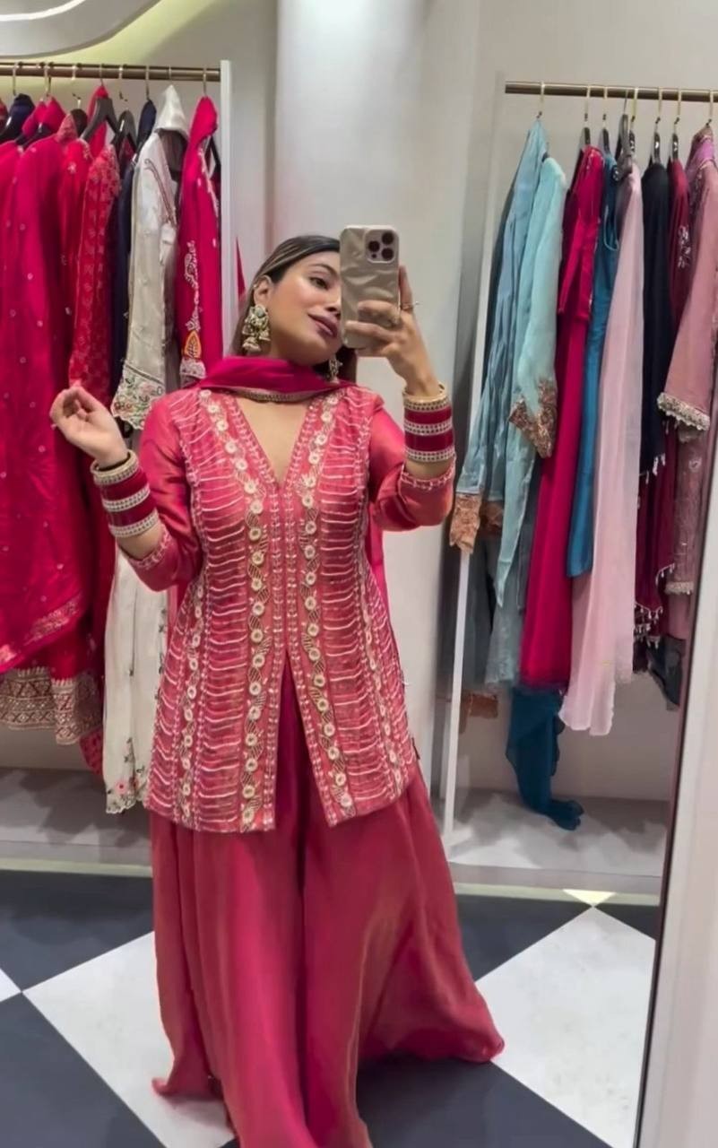 Latest Heavy Simar Silk Pink Top Palazzo With Dupatta For Women Festival