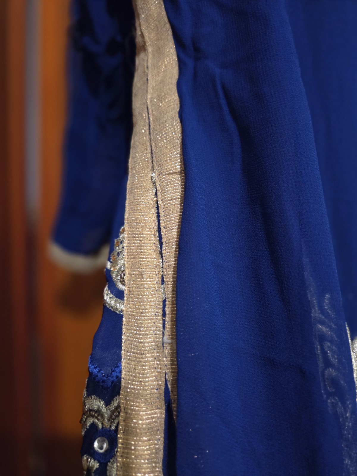 Women Blue & Gold Embroidered Kurta/Kurti Tunic Dress, Polyester