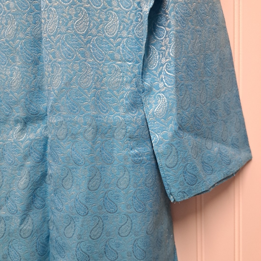 NWT Manyavar Kurta Mens Medium M 38 Blue Paisley Jacquard Silk Indian Pakistani