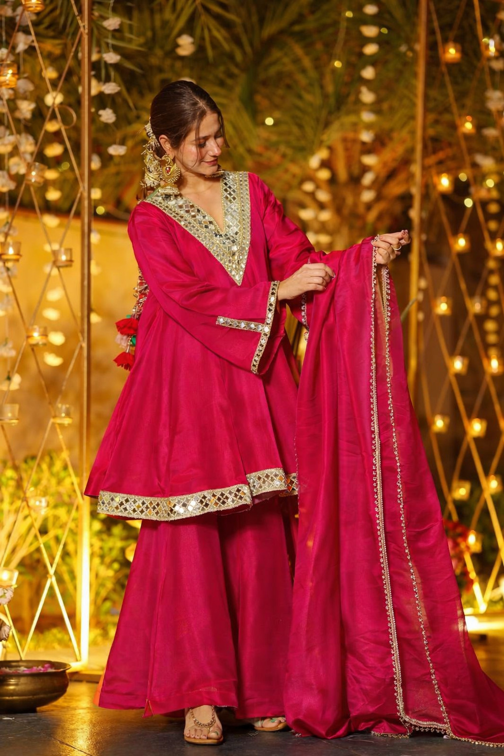 FESTIVAL SPECIAL MIRROR WORK ON SILK PINK FABRIC TOP AND PLAZZO WITH DUPATTA SET