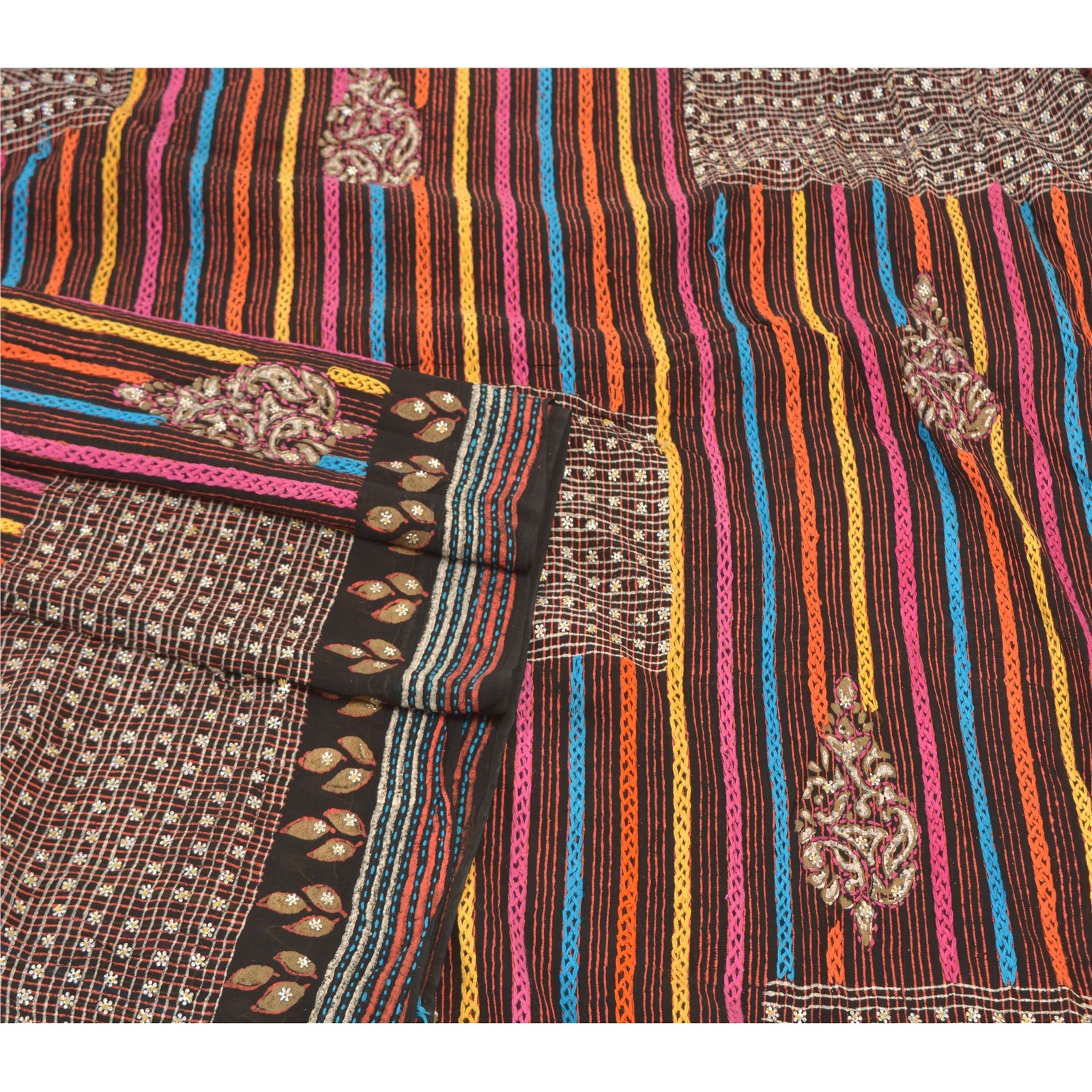 Sanskriti Vintage Sarees Blend Georgette Hand Beaded Cultural Craft Sari Fabric