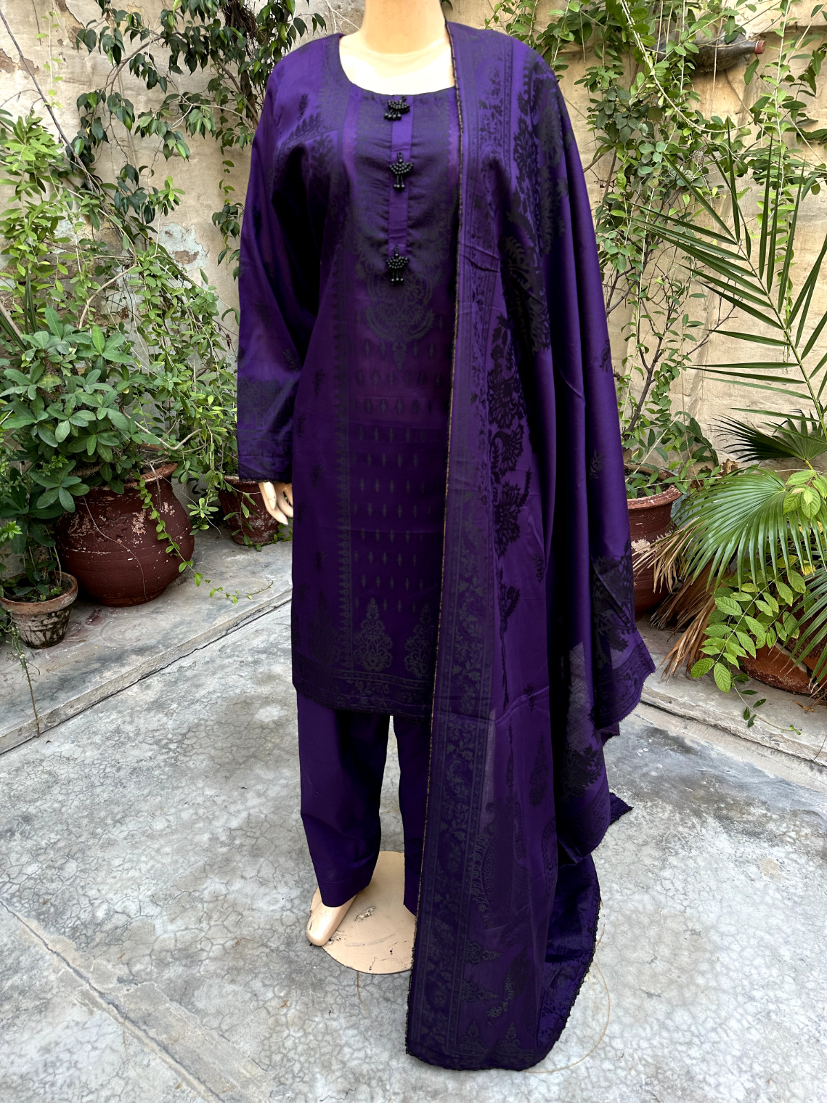 Pakistani Dark Purple straight style Shirt 3-PCS banarsi Lawn Dress,L