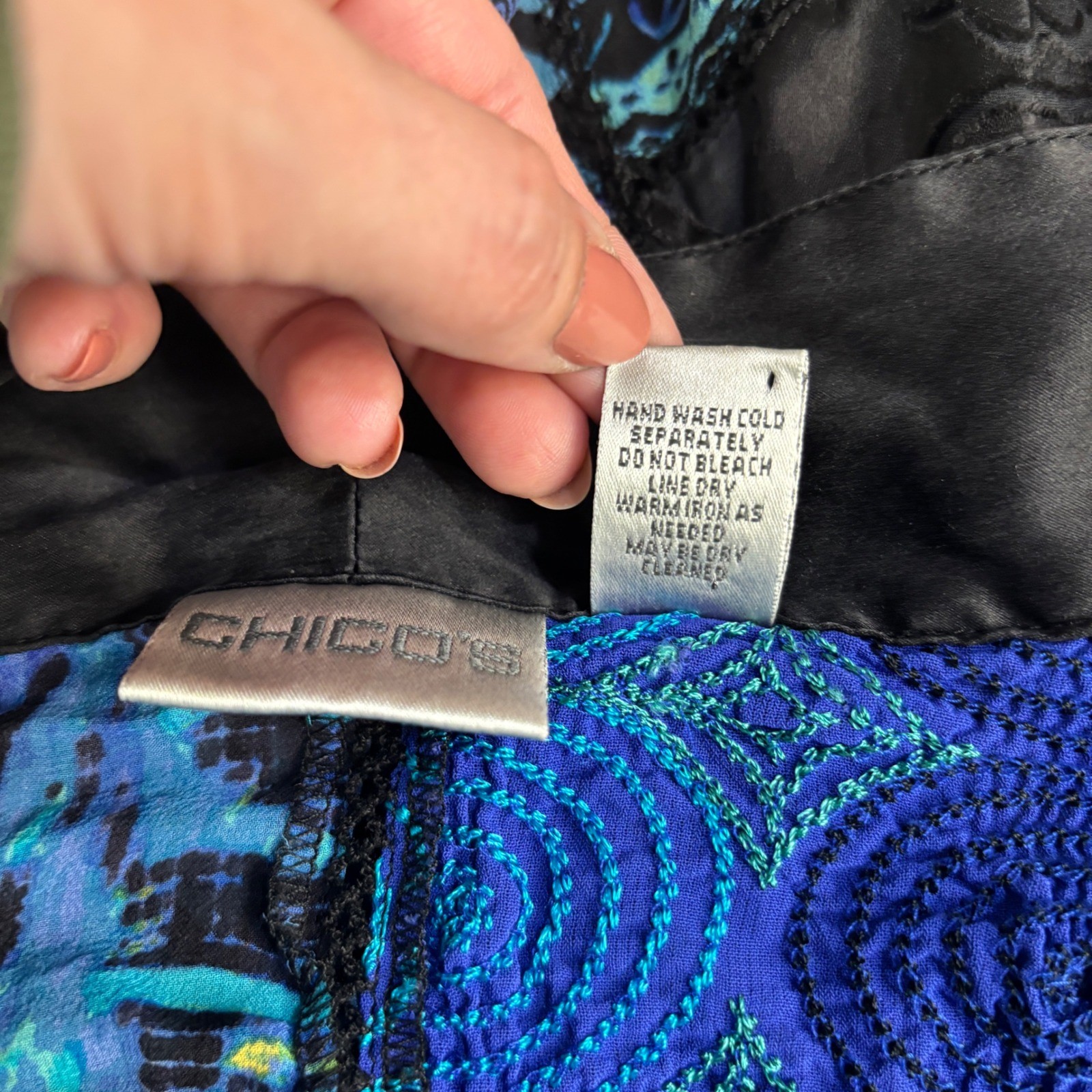 Chico’s Kimono Jacket Womens M/L Blue Patchwork Silk Blend Coastal Chic Boho Art