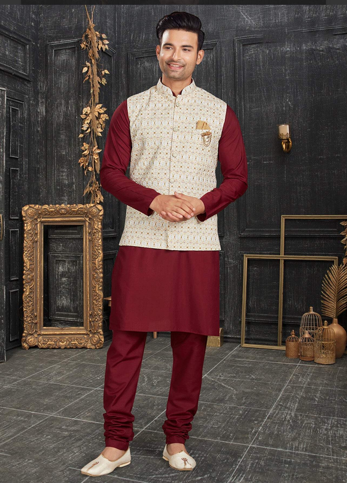 Classic Maroon Festive Cotton Kurta Pajama Set with Elegant Jacket