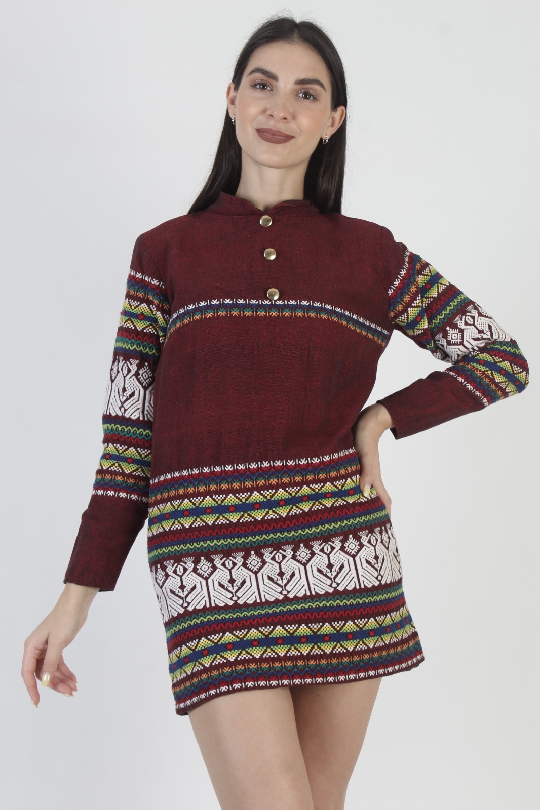 Burgundy Cotton Guatemalan Dress Embroidered Ethnic Mexican Aztec Bird Mexican