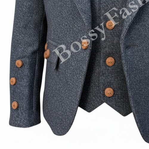 New Men’s Modern Kilt Jacket & Waistcoat Set Blue Tweed Formal Wedding Dress