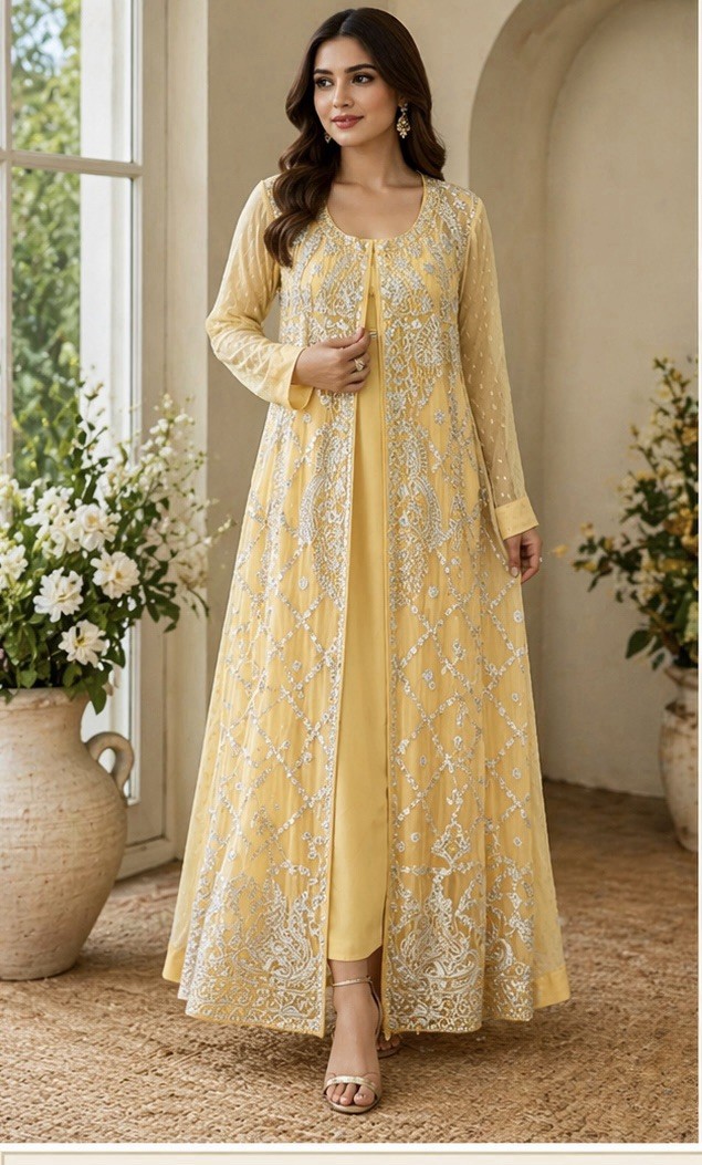 Yellow Open-Front Embroidered Chiffon Dress with Dupatta | Mehndi/Maiyon Outfit