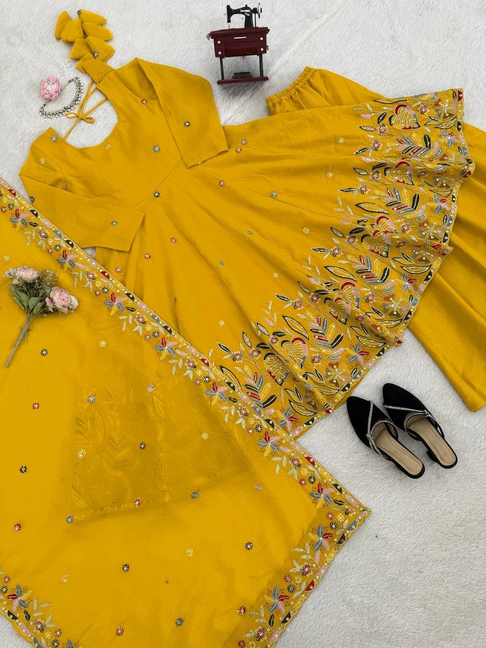 Traditional Wear Yellow Crunchy Silk Kurta Palazzo With Dupatta For Women