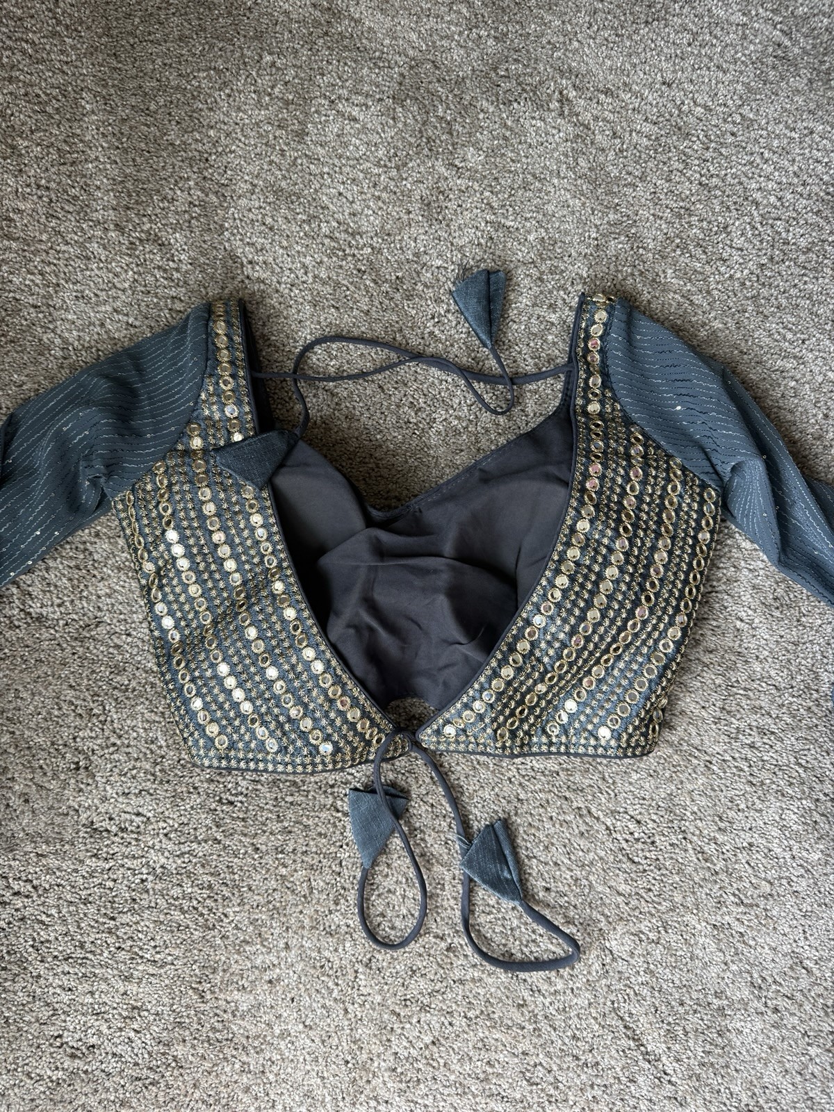 Handmade Women’s Gray Chiffon Choli Blouse Top Mirror Work Tie-Back, One Size