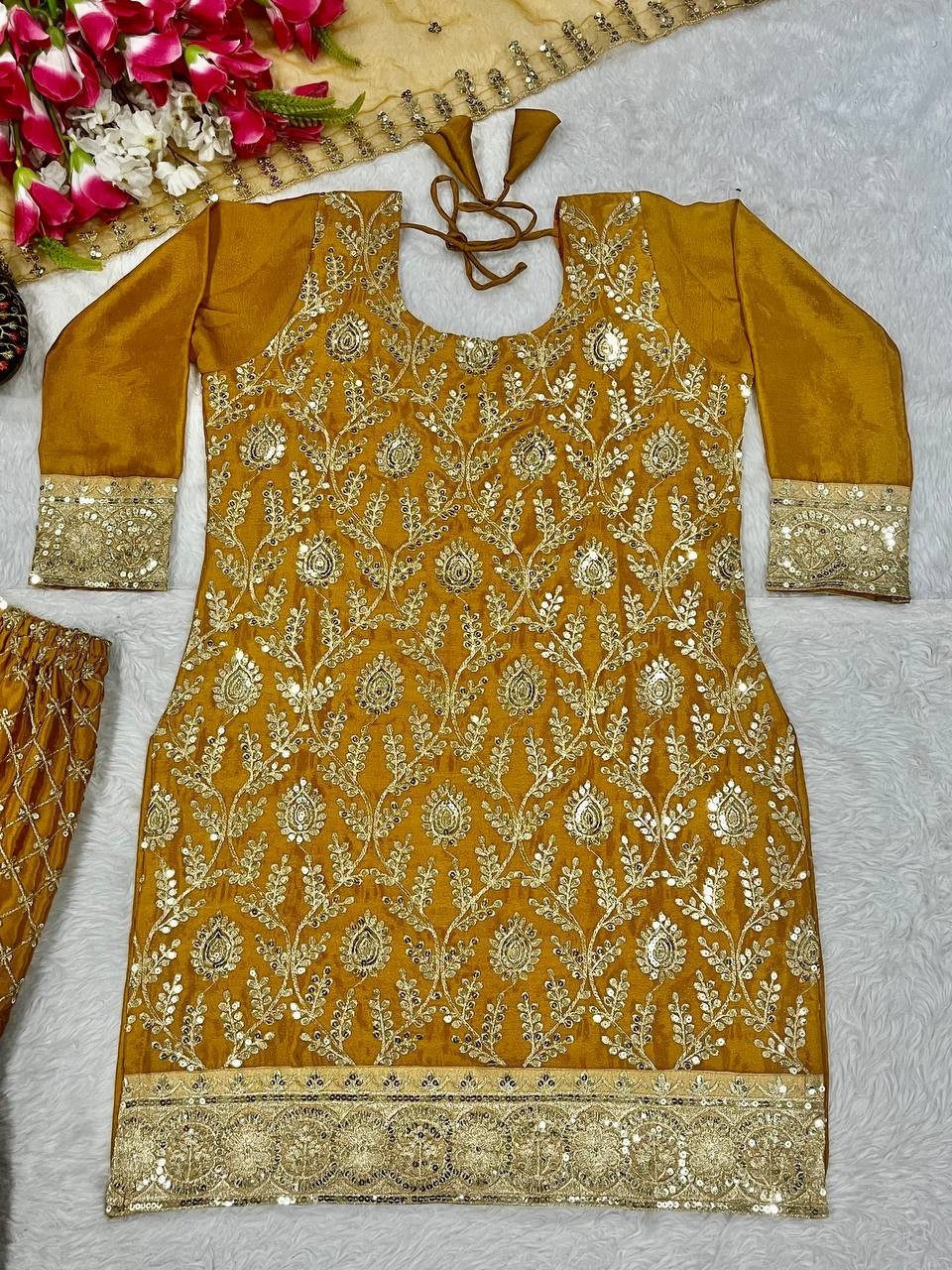 New Presenting Yellow Chinon Silk Kurta Palazzo With Net Dupatta For Women