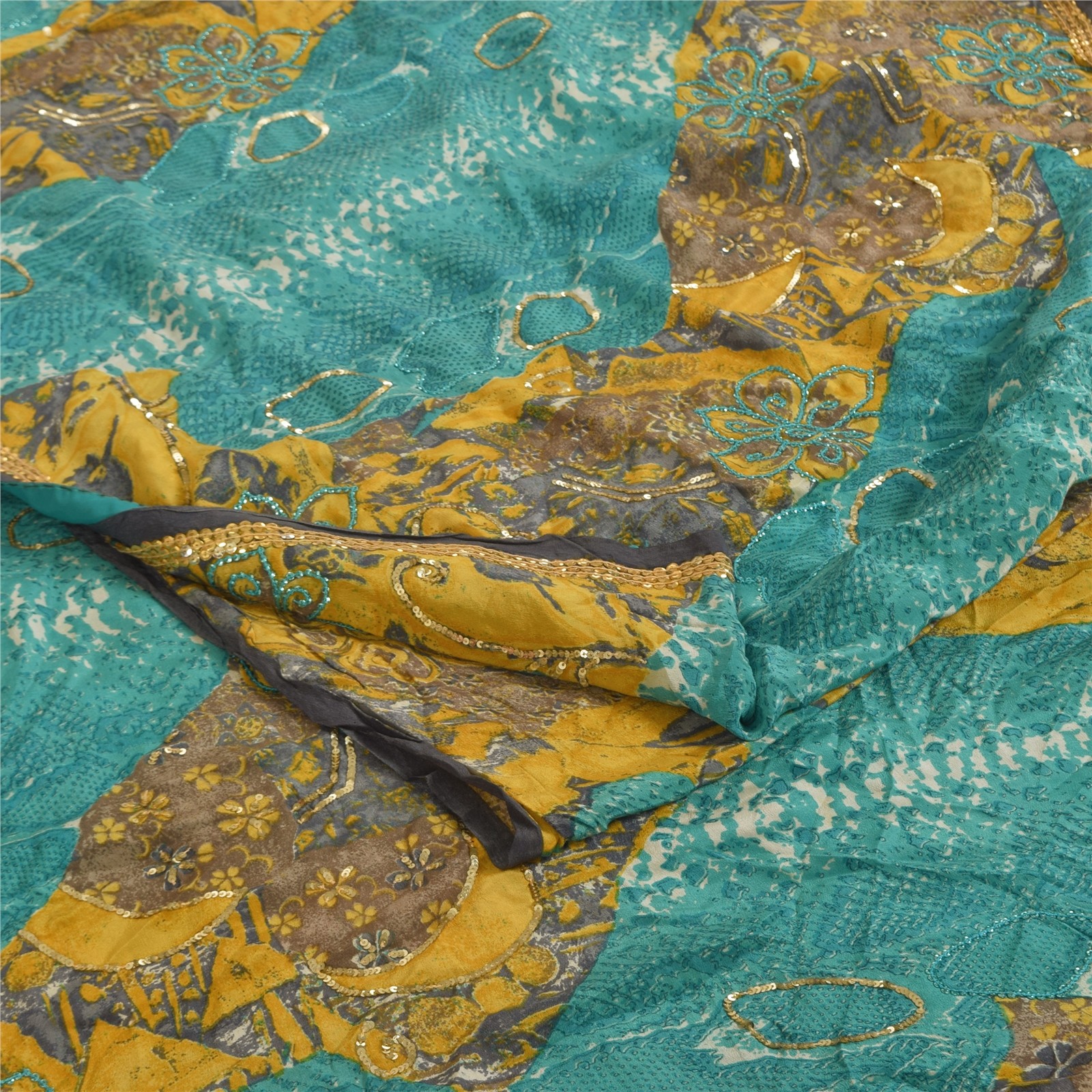 Sanskriti Vintage Sarees Blue & Yellow Pure Crepe Print Embroidered Sari Fabric
