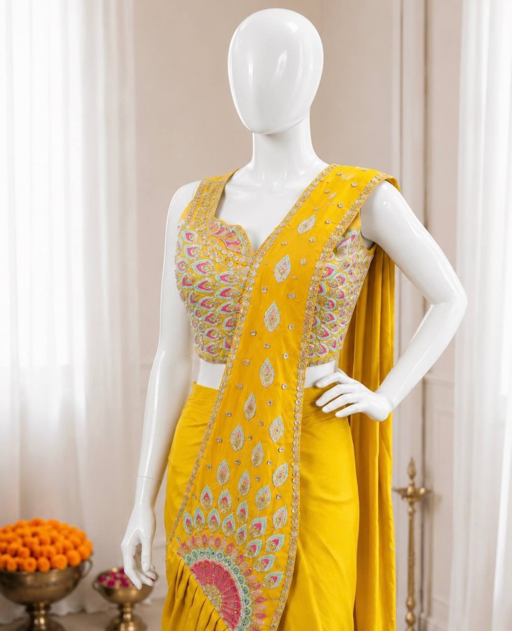 Designer Haldi Ceremony Saree Sequins Embroidery Ready to Wear Sari