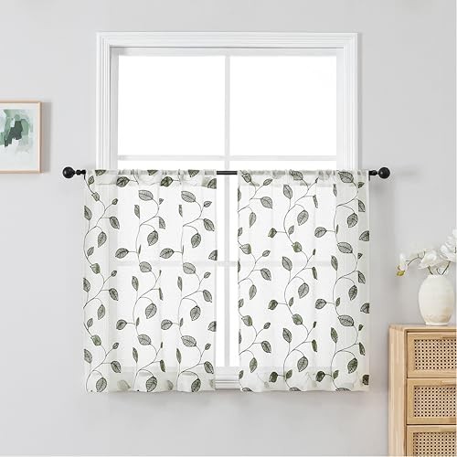 Sheer Curtains 36 Inch Length 2 Panels, 30″W x 36″L (Pack of 2) Sage Green
