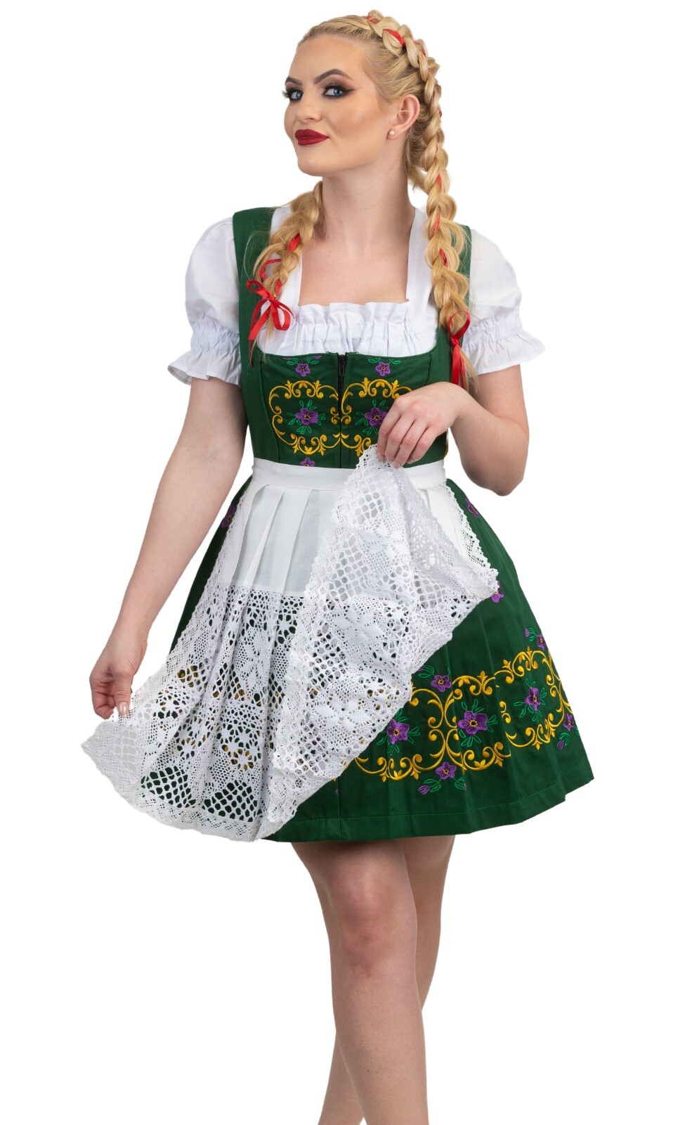 M 12 German Dirndl Dress + Lace Apron + Top EMBROIDERED Oktoberfest ELEGANT