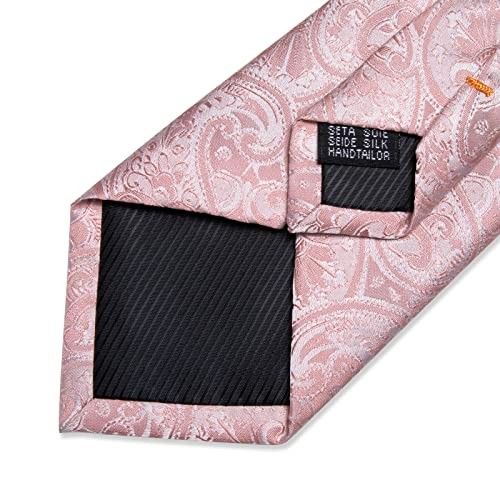 Mens Tie Set Silk Solid Paisley Necktie and Pocket Square Pink Paisley