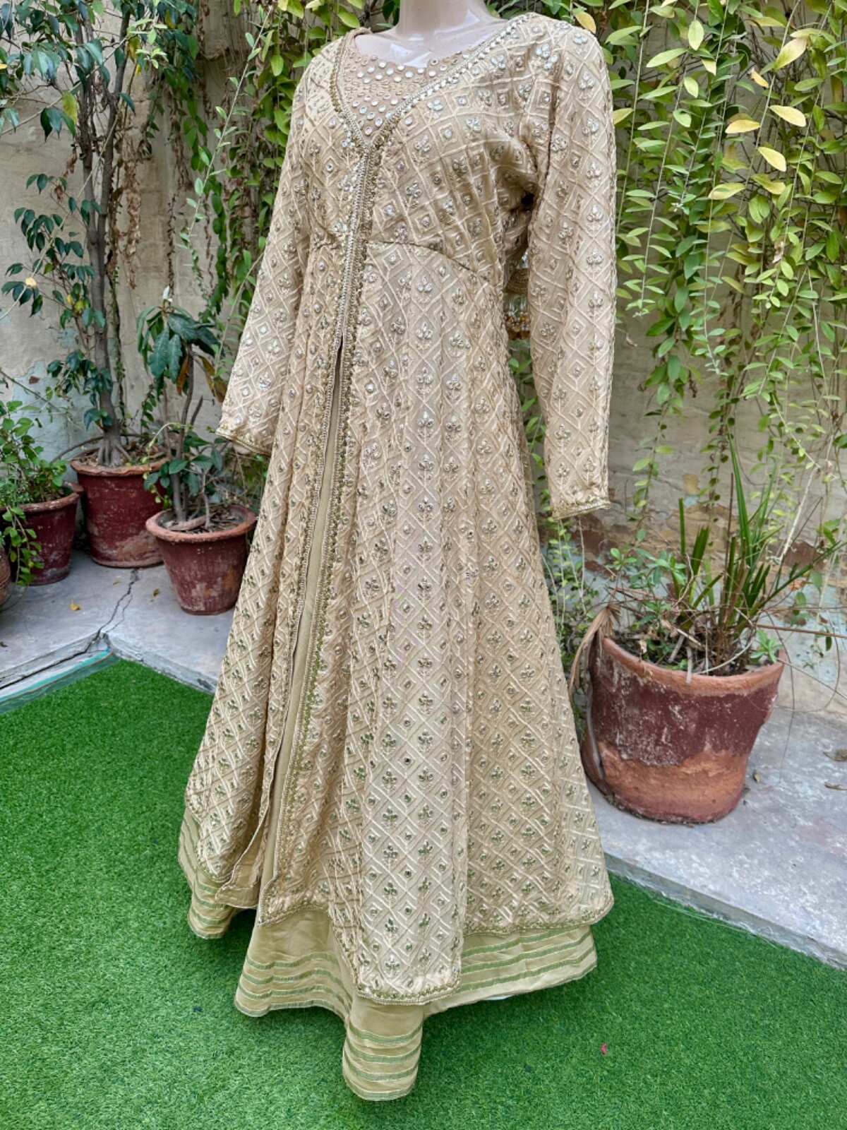 Pakistani Beige double Long Maxi Style Embroidered Sequins Chiffon Dress,L#1