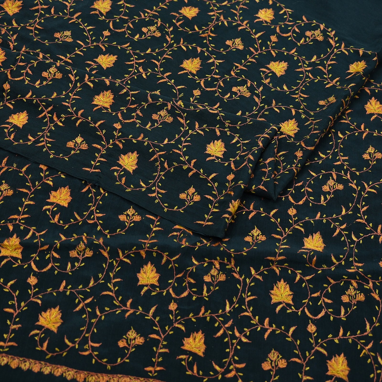 Antique Vintage Sari Black Crepe Silk Hand Embroidered Kashmiri Suzani Saree 5yd