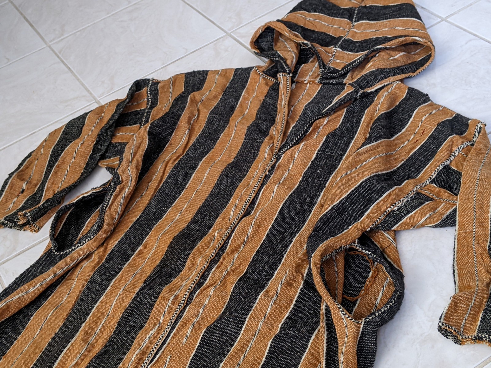 Vtg Handmade Moroccan Djellabah Stripes Jellaba Kaftan Wool Hooded Thobe Long