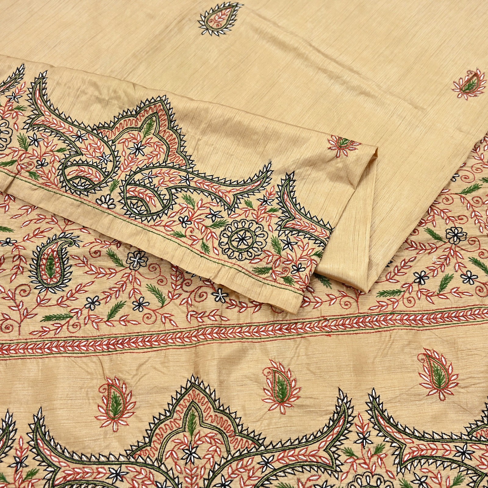 Indian Vintage Sari Beige Artificial Silk Hand Embroidered Sarees Craft Fabric 5