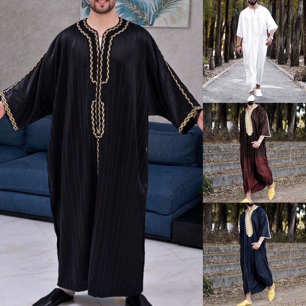 Mens Muslim Clothing Saudi Arab Jubba Kaftan,Dishdash,Thobe,Long-Sleeve