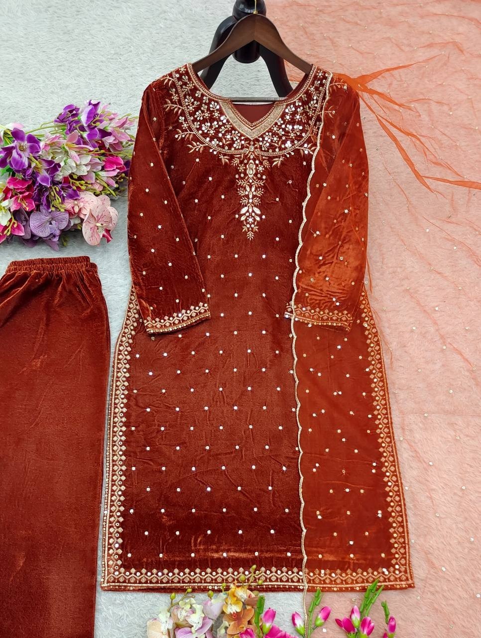 Premium Designer Maroon Viscose Velvet Salwar Kameez With Dupatta For Women