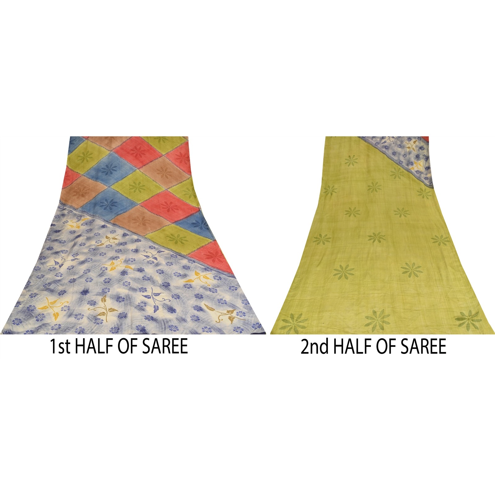 Sanskriti Vintage Saree Multicolor Pure Crepe Silk Print Sari 5.5Yd Craft Fabric