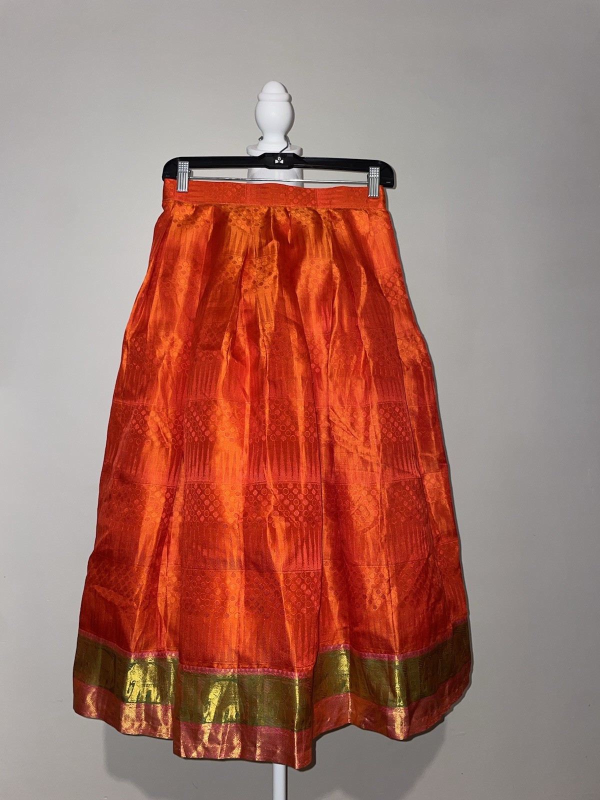 Silk LEHENGA SKIRT Zari Elephant Motif Indian Ethnic Orange And Gold