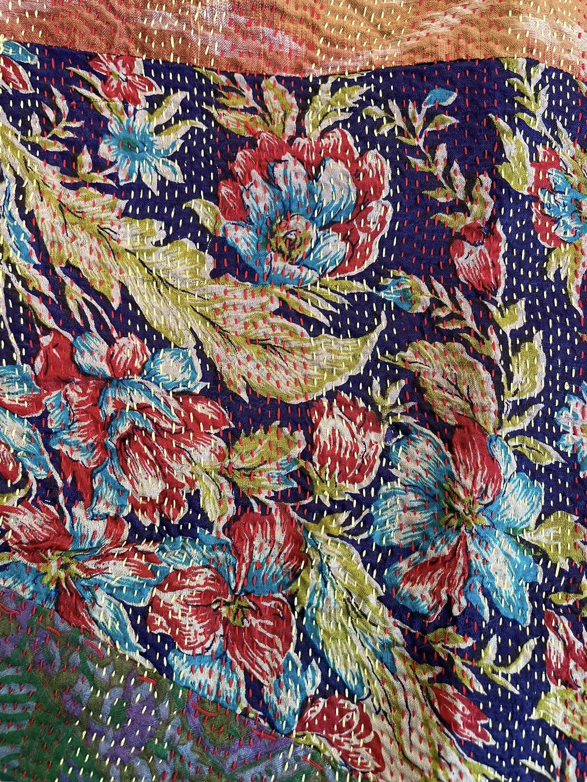 Vintage India 100% Pure Silk Hand Sewn Multicolored Floral Scarf 78”x22” EUC