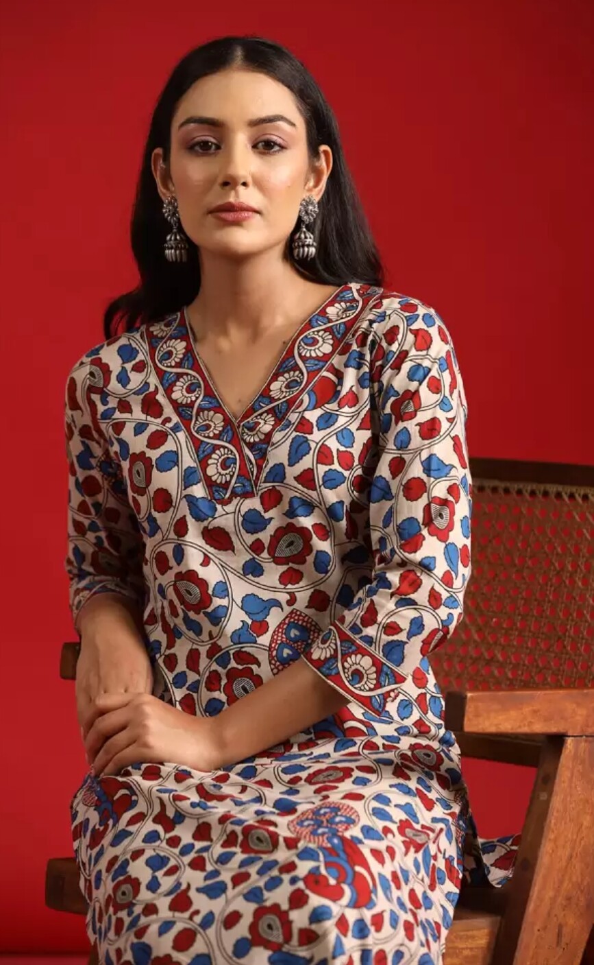 Indian Casual Wear ; Women Beige Floral Printed Cotton Kurta Trousers Set