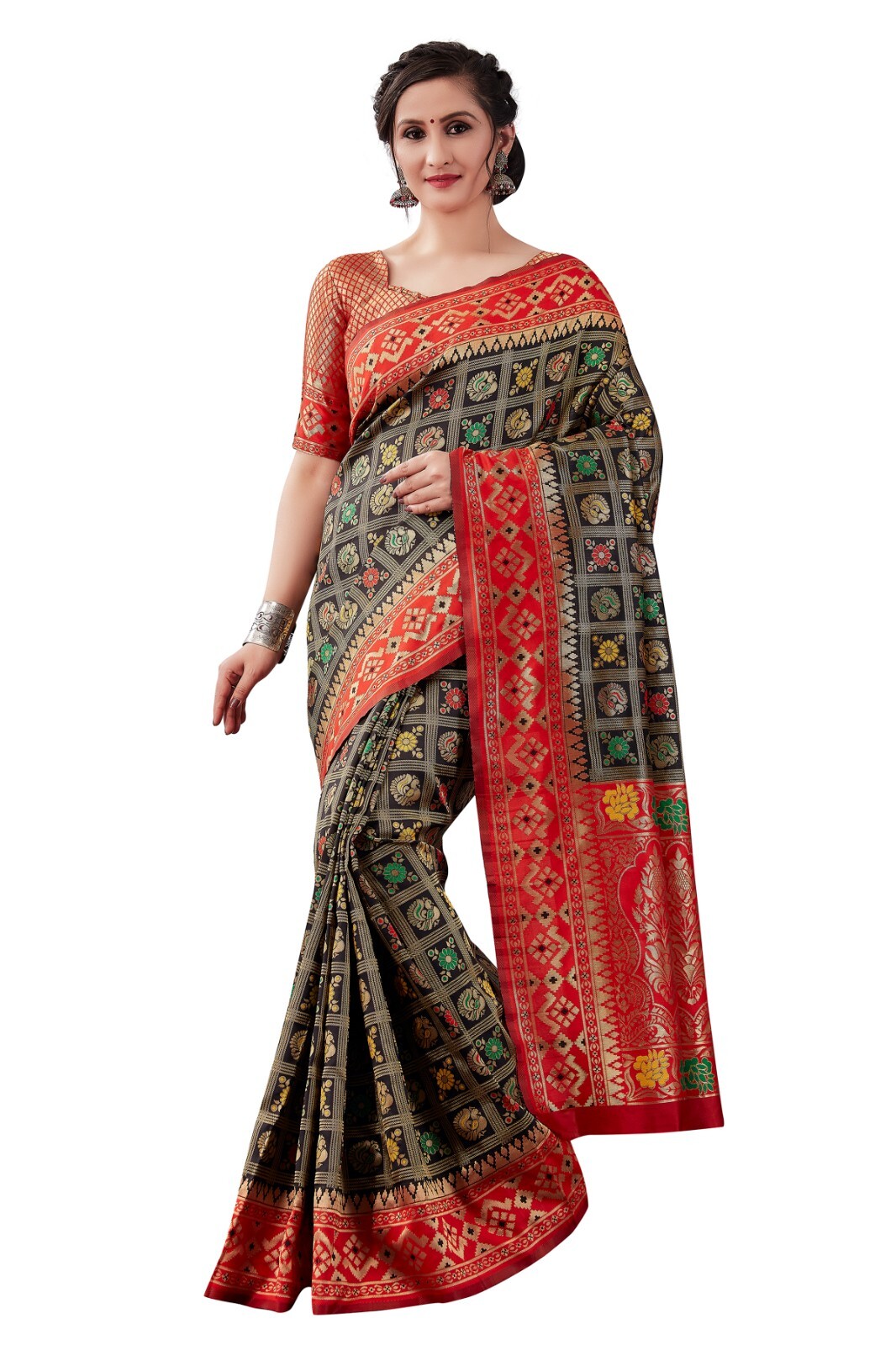 New Indian Women Heavy Chex Black New Design Saree With Unstitched Blouse
