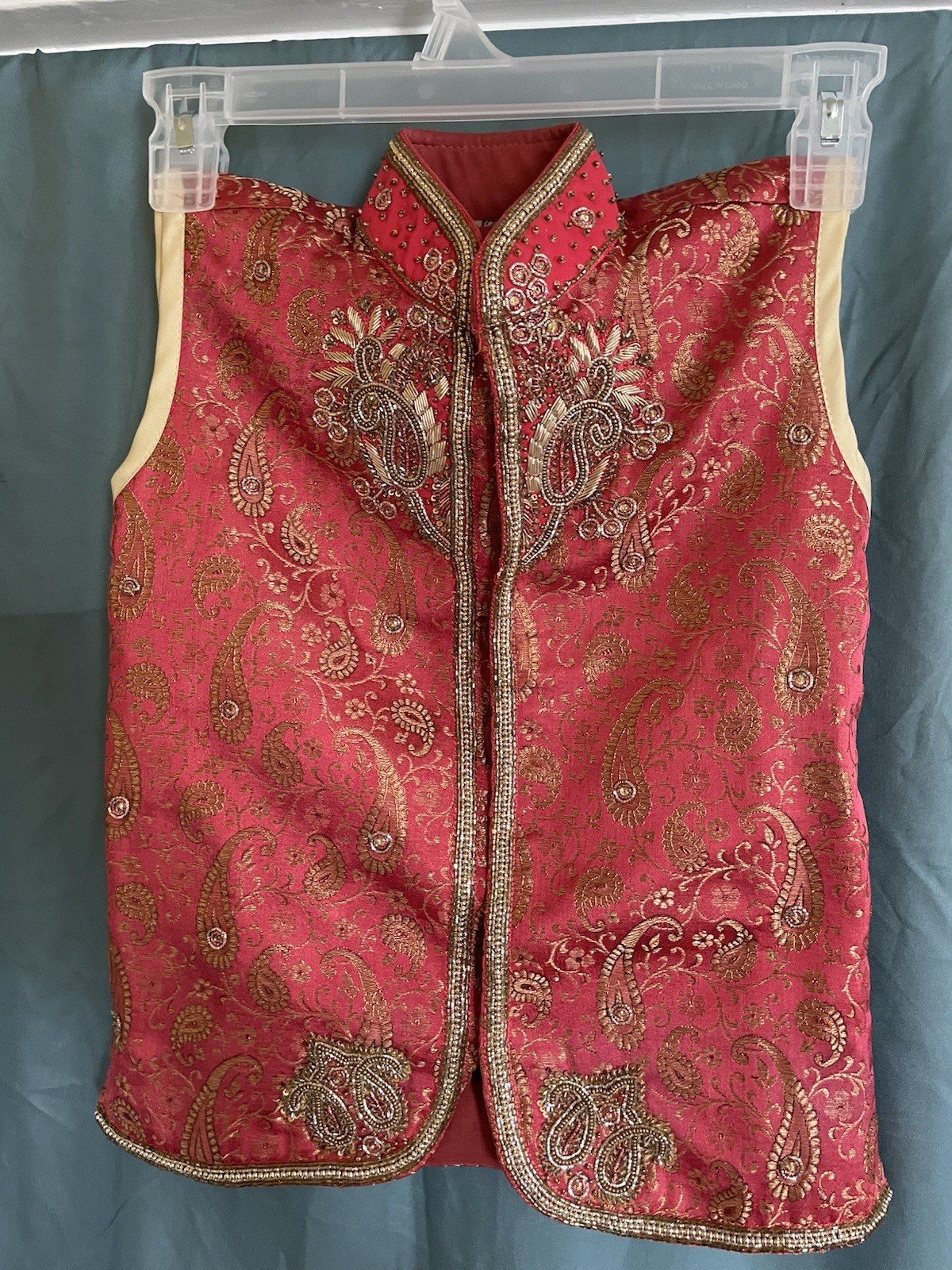 Arkion Ethnics Boys Red & Gold Paisley Brocade Waistcoat – Size 4 / Youth
