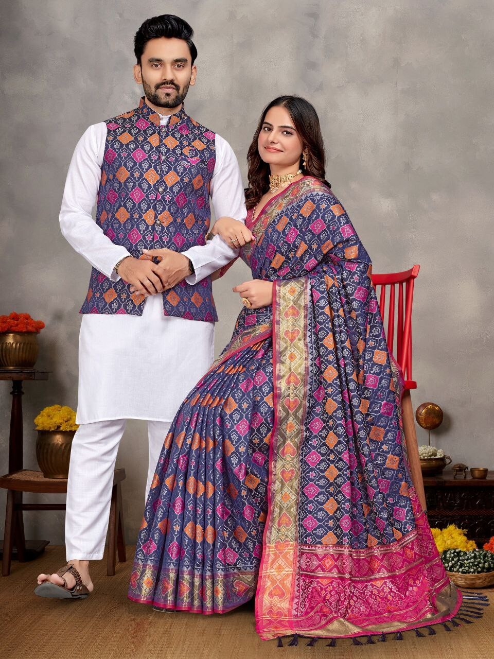 Sari Bollywood Saree Blouse South Indian Couple Combo Men Kurta Pyjama Readymade
