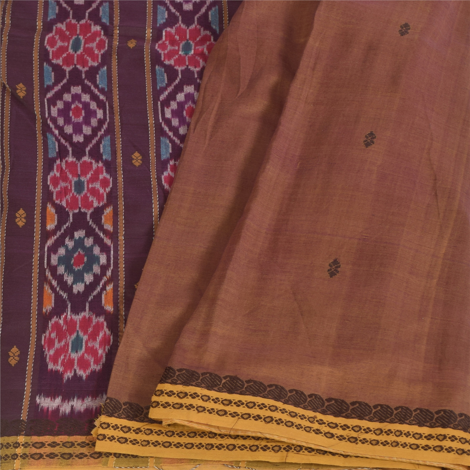 Sanskriti Vintage Brown Sarees Pure Cotton Woven Ikat Sari Premium Craft Fabric