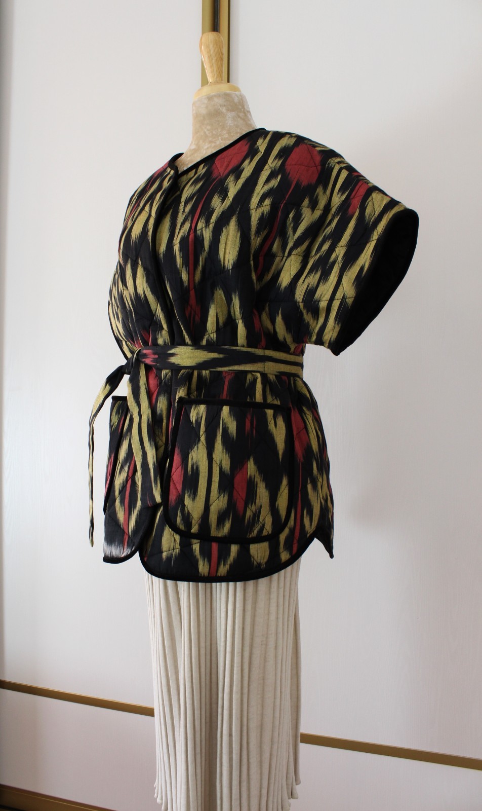 Handmade Ikat Quilted Jacket Uzbek Cotton OOAK Boho Kimono Vest Belt Pockets