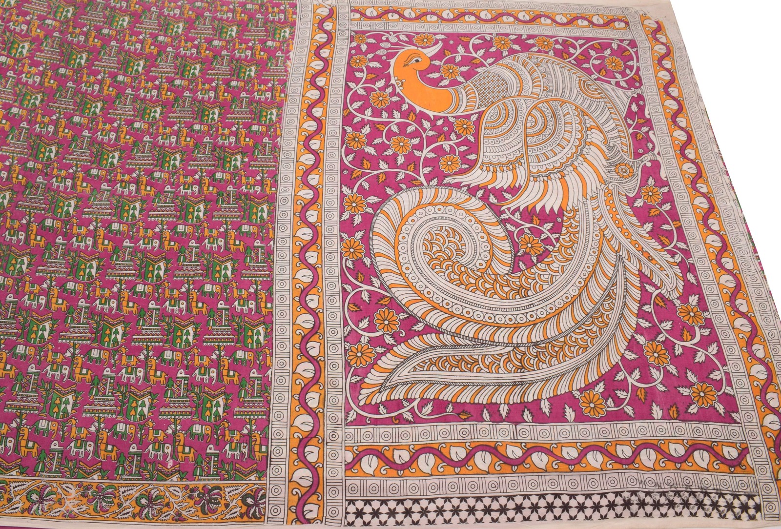 Sushila Vintage Handmade Kalamkari Saree Pure Cotton Magenta Printed Sari Fabric