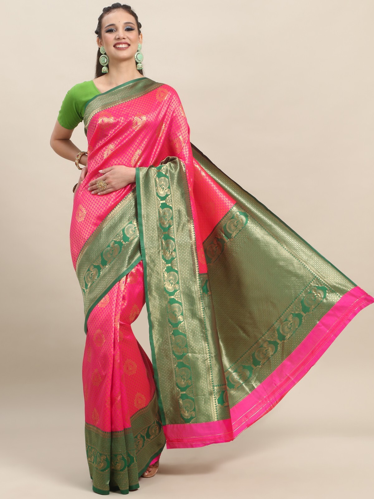 Areca Designer Pink Peacock Silk saree blouses women Saree cut-5.5 meter