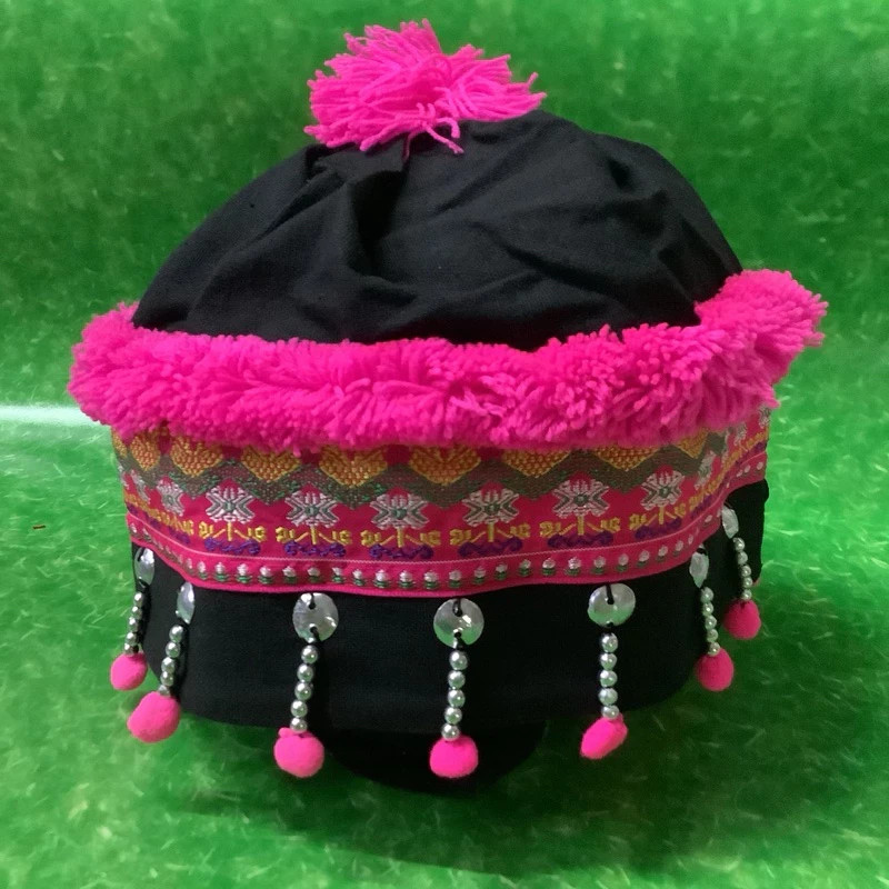 Hill Tribe Hat Indigenous Style Akha Traditional Pink Yarn Trim Handmade 58 CM