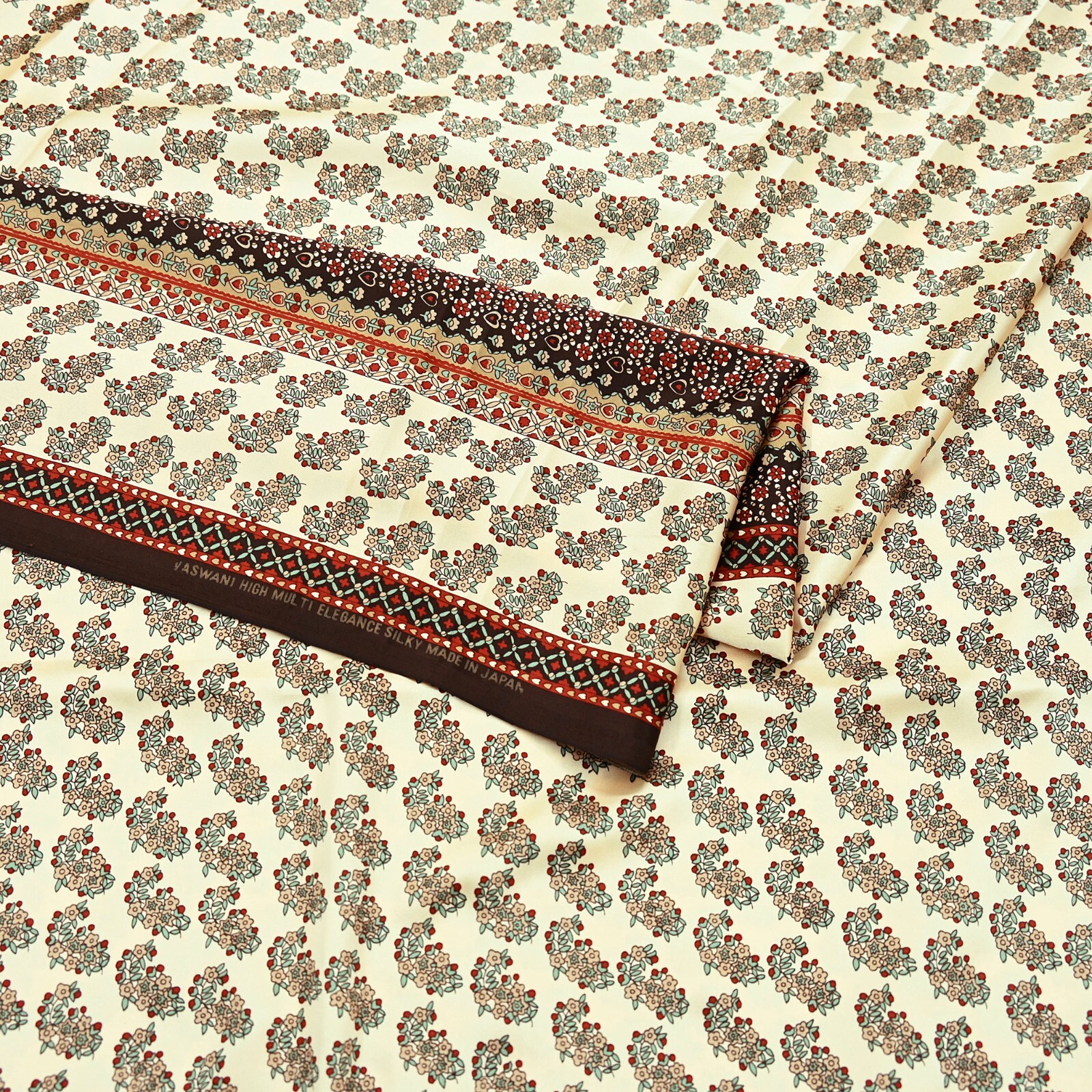 Indian Vintage Saree Beige Satin Printed Sari 5yd Sewing Floral Soft Craft Fabri