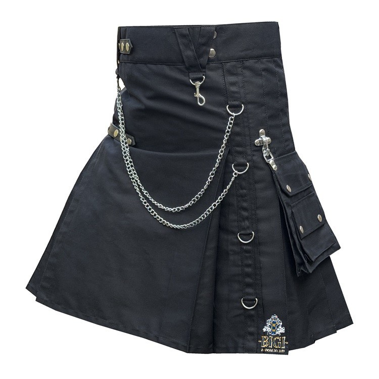 Men’s Black Gothic Kilt – Gothic Tactical Cotton Kilt with Detachable Pockets