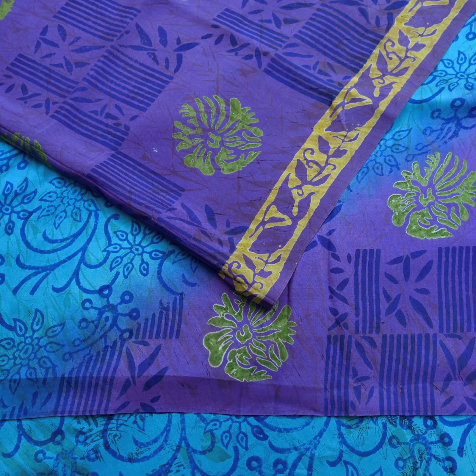 Vintage Sari Purple & Blue Pure Silk Printed Saree 6yd Sewing Craft Fabric Soft