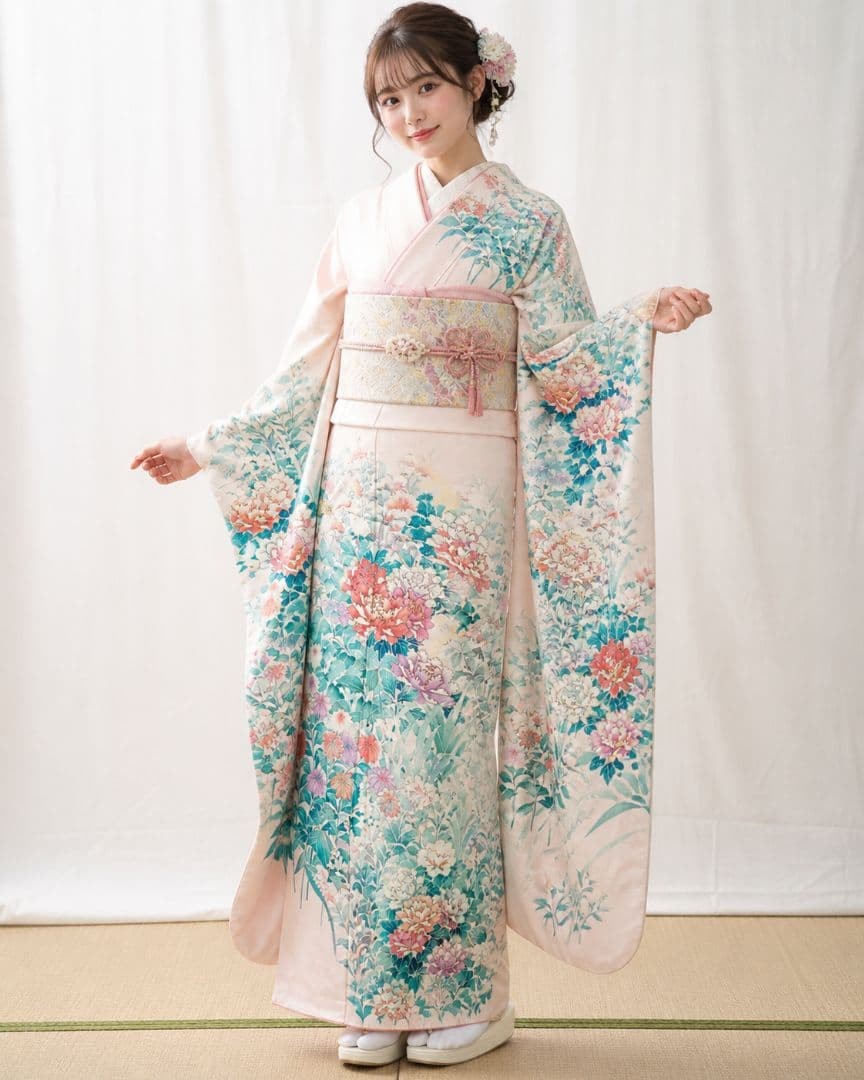 Furisode Silk Kimono Floral Pink White Ready To Wear Stylish Vintage
