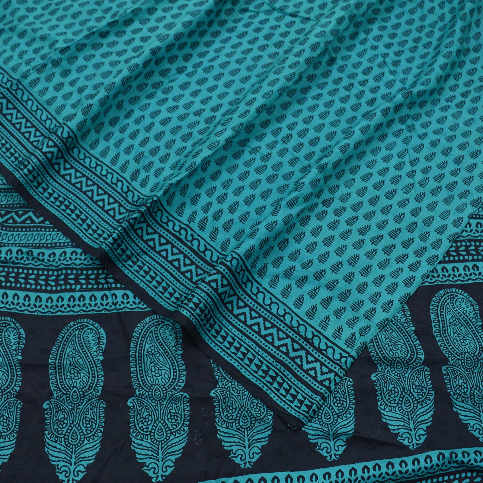 Indian Vintage Green & Black Sarees Hand Block Printed Sari Pure Silk Fabric 5yd