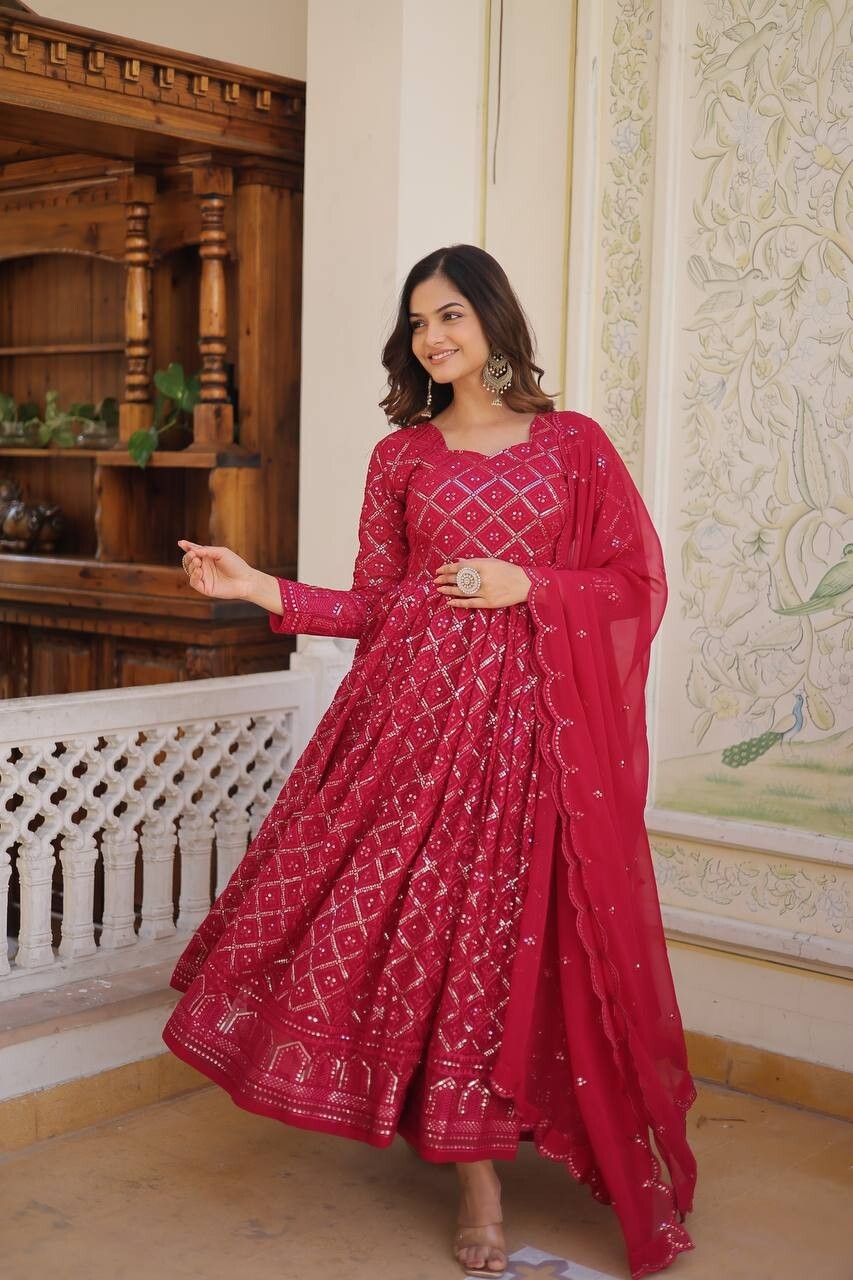 Gown Rani Pink Sequins Work Bridal Wedding Party Wear For Ethnic Wear Long Gown