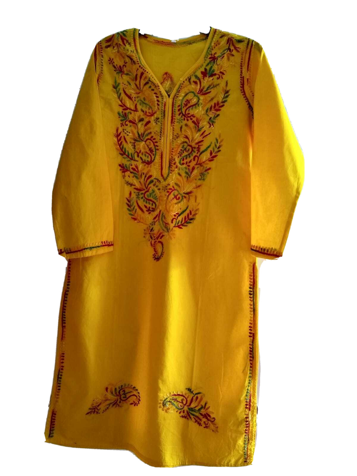 Yellow Designer V neck Soft Cotton Kurti Woolen Thread Embroidery USA Seller