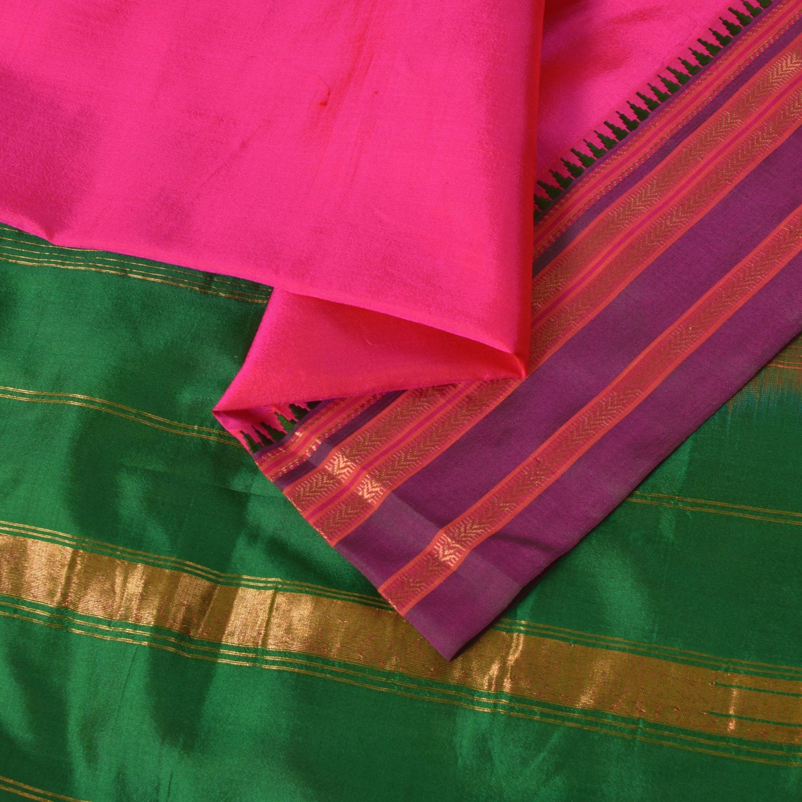 Sanskriti Vintage Pink-Green Pure Silk Saree Zari Hand Woven & Solid Sari 6+Yd