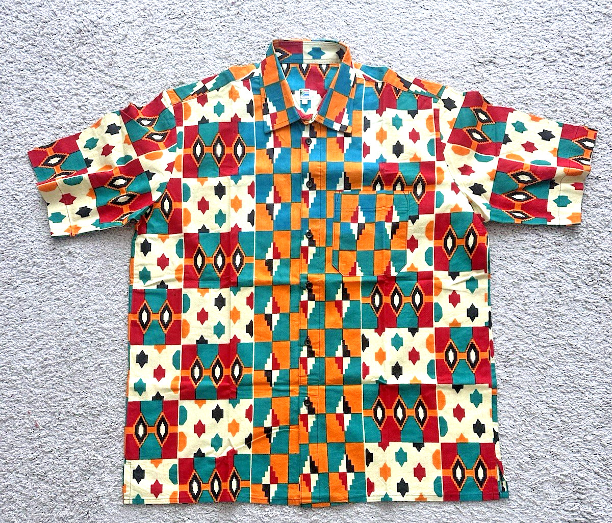 African Ankara Kente Print Men’s Shirt, Size Large