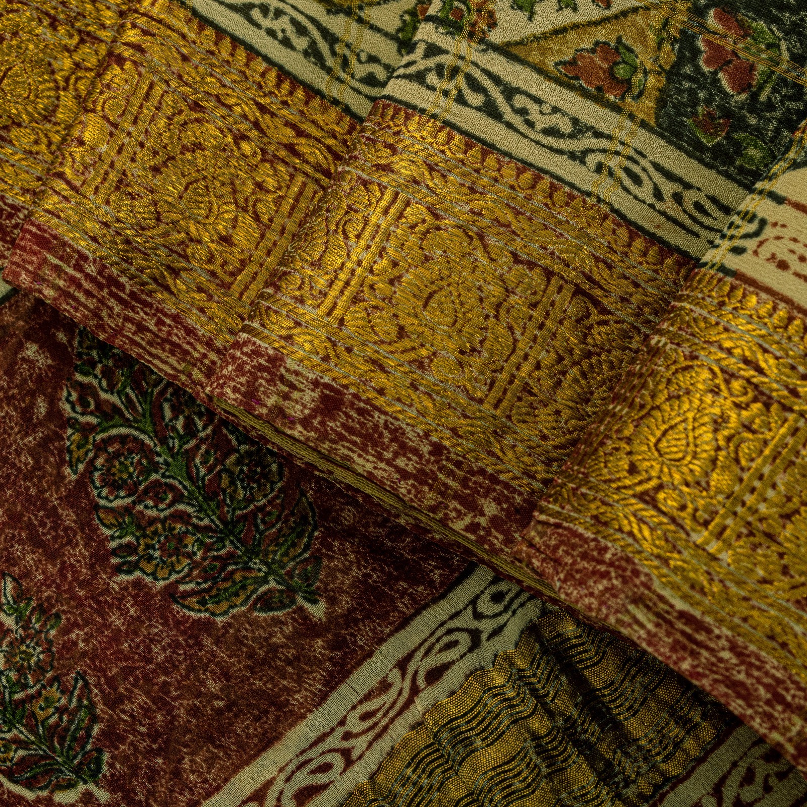 Sanskriti Vintage Yellow-Green Pure Georgette Silk Saree Floral Block Print 6 Yd
