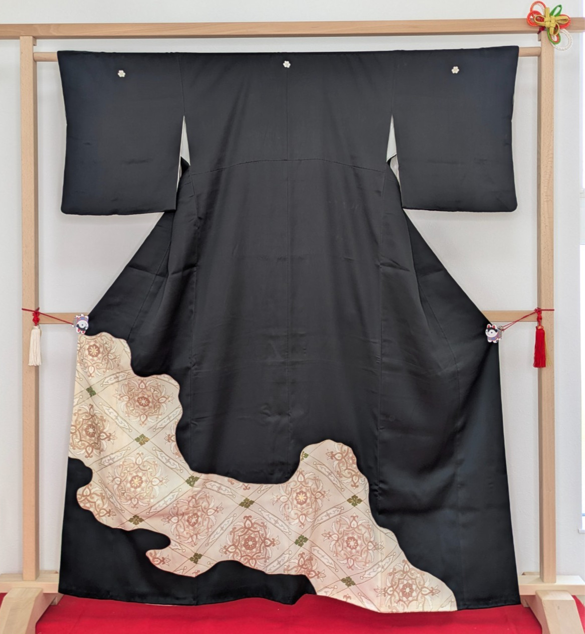 Authentic Japanese Kimono Silk Black Tomesode Beige Geometric Floral Textile Art